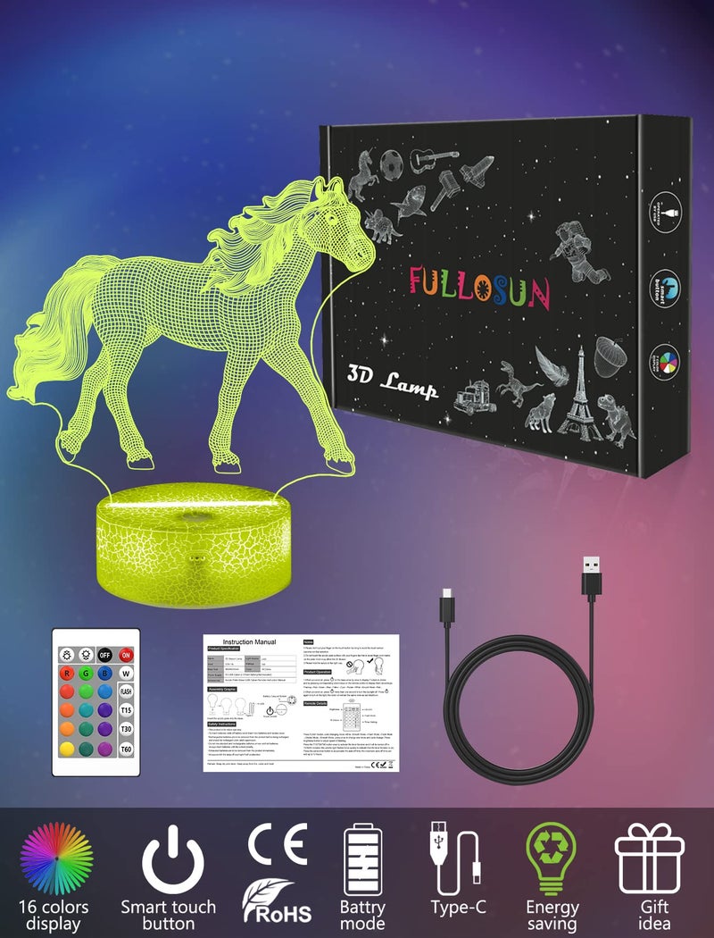 FULLOSUN Horse Gifts for Girl, Horse 3D Night Lights for Kids Illusion Lamp 16 Colors Changing with Remote Birthday Gifts for Child Baby Boy and Girl - Image 5